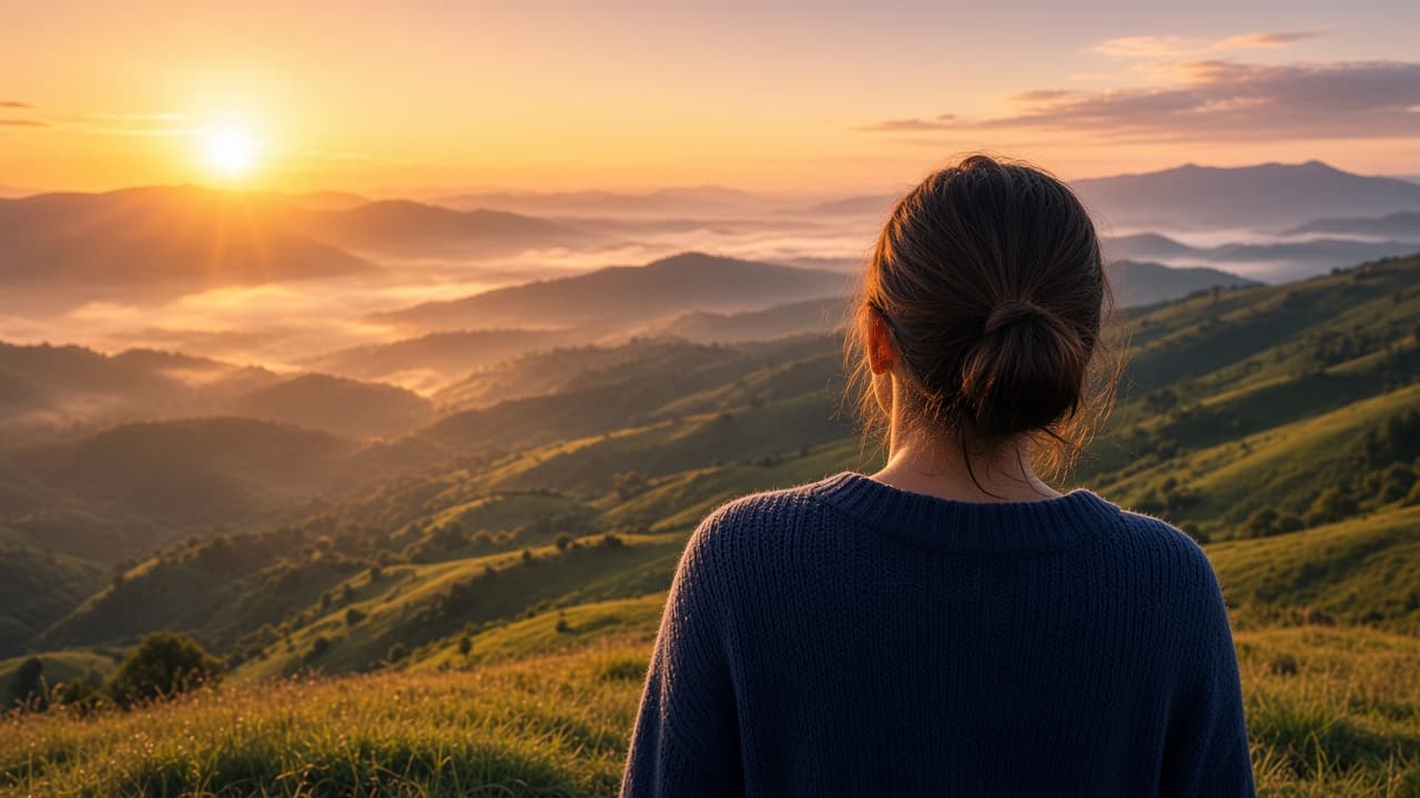 A person looking out over hills at sunrise