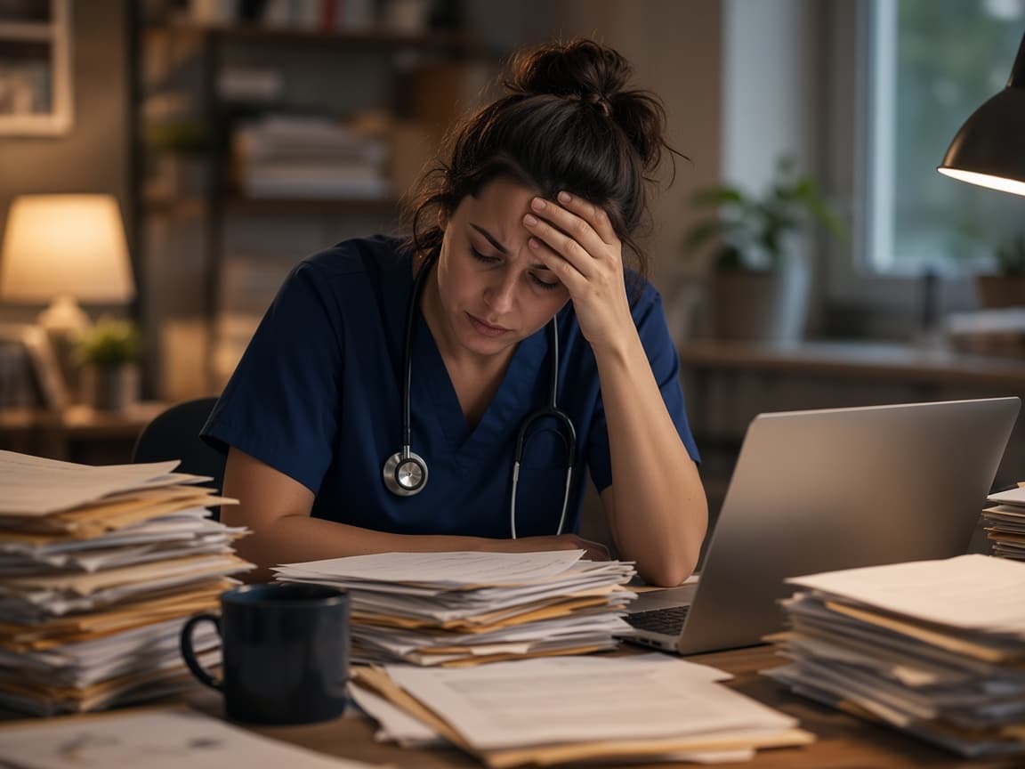 Healthcare staff member overwhelmed by paperwork and operational tasks