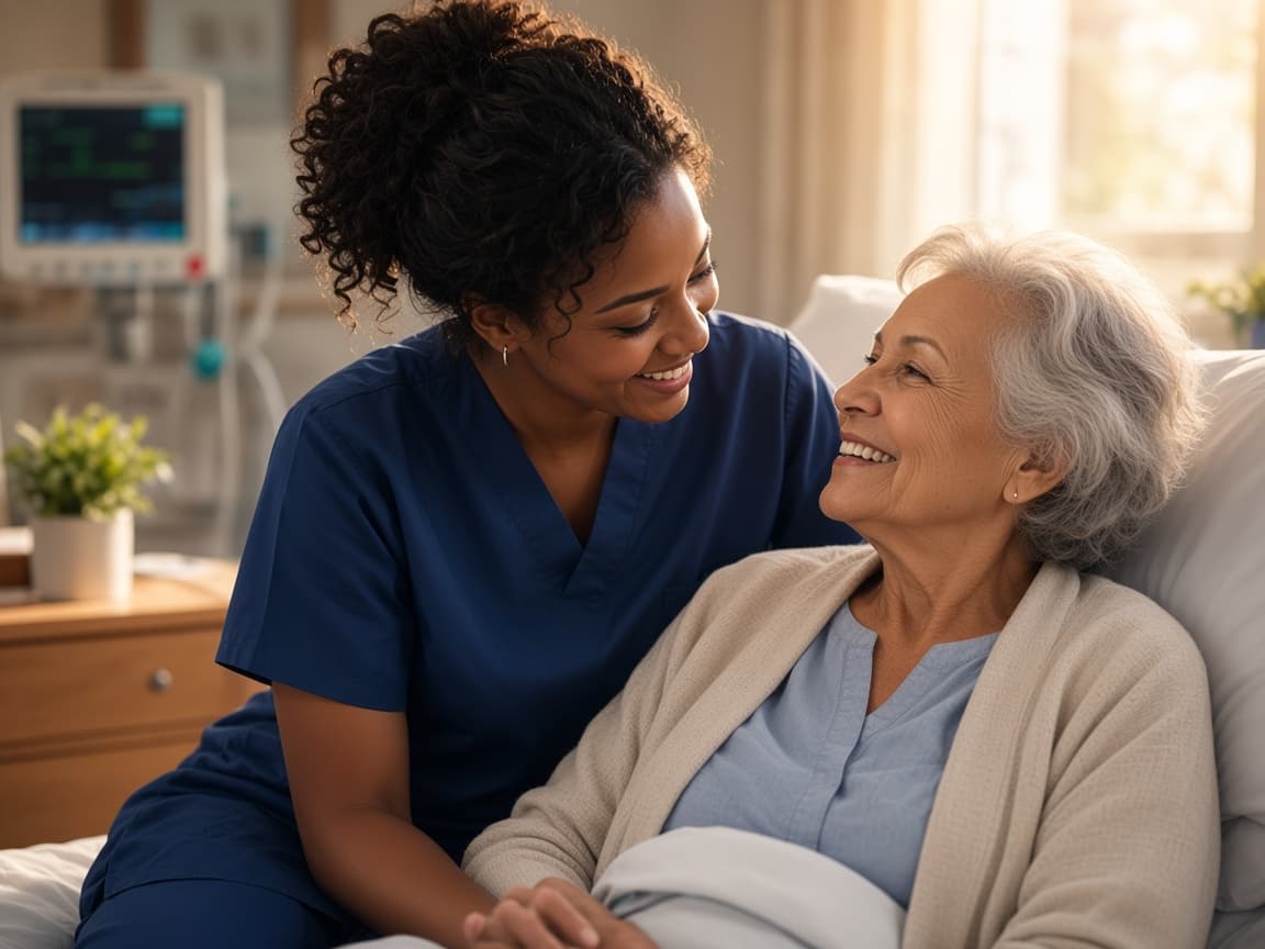 A nurse sitting with a patient, sharing a warm conversation